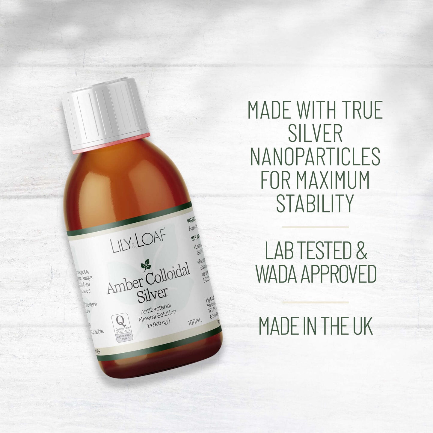 Amber Colloidal Silver bottle with product highlights: made with silver nanoparticles, WADA approved, UK made.