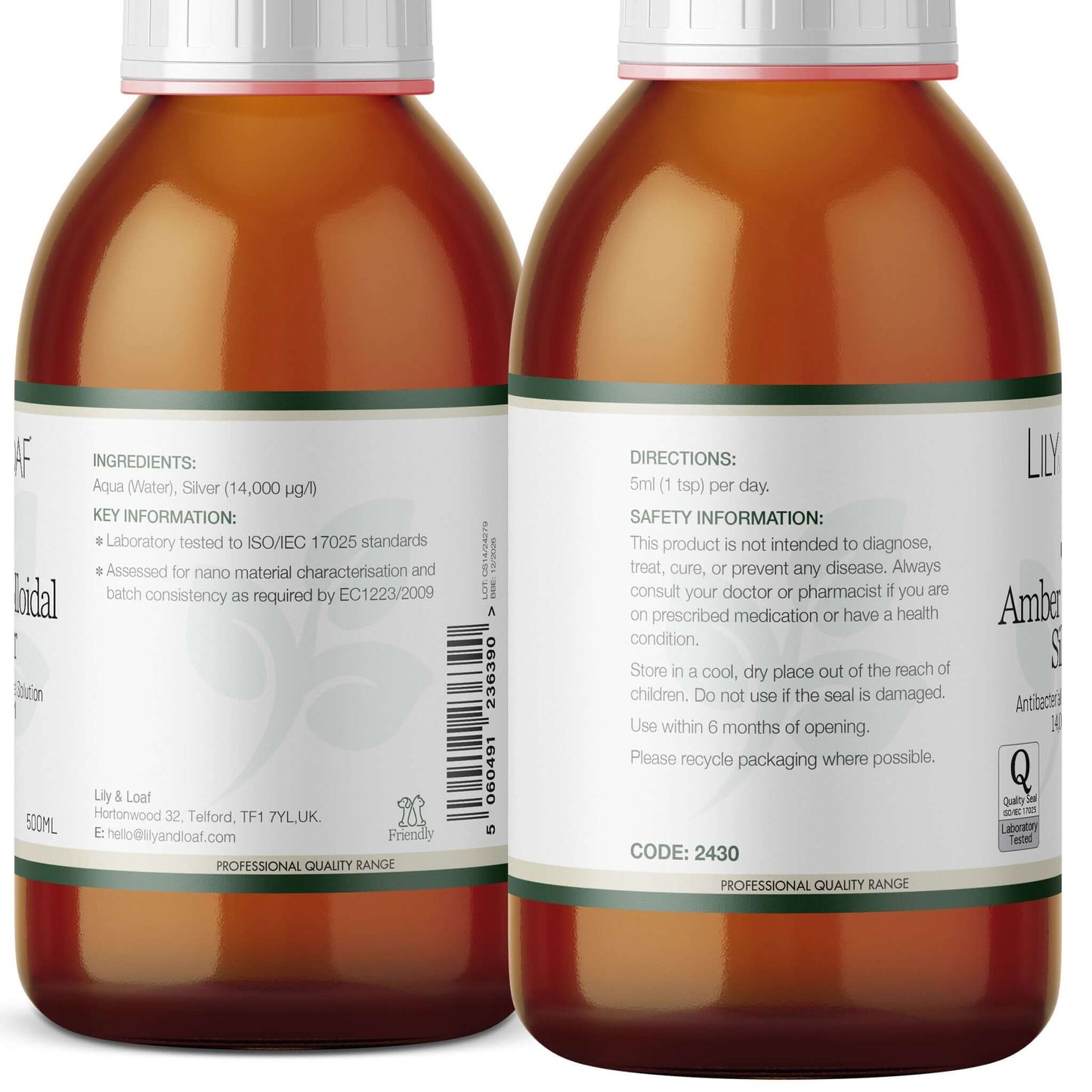 Colloidal Silver bottle back label with usage directions and safety warnings.