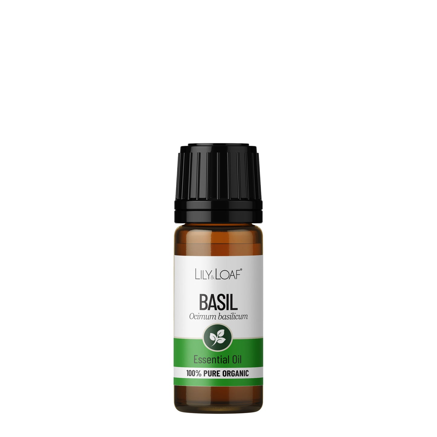 Glass Amber Bottle of Lily & Loaf Basil Organic Essential Oil front