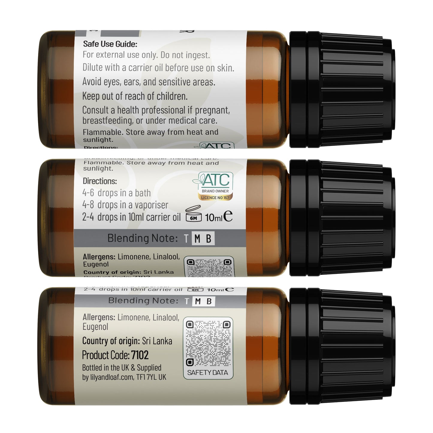 Lily & Loaf Black Pepper Organic Essential Oil label highlighting ingredients and directions for use