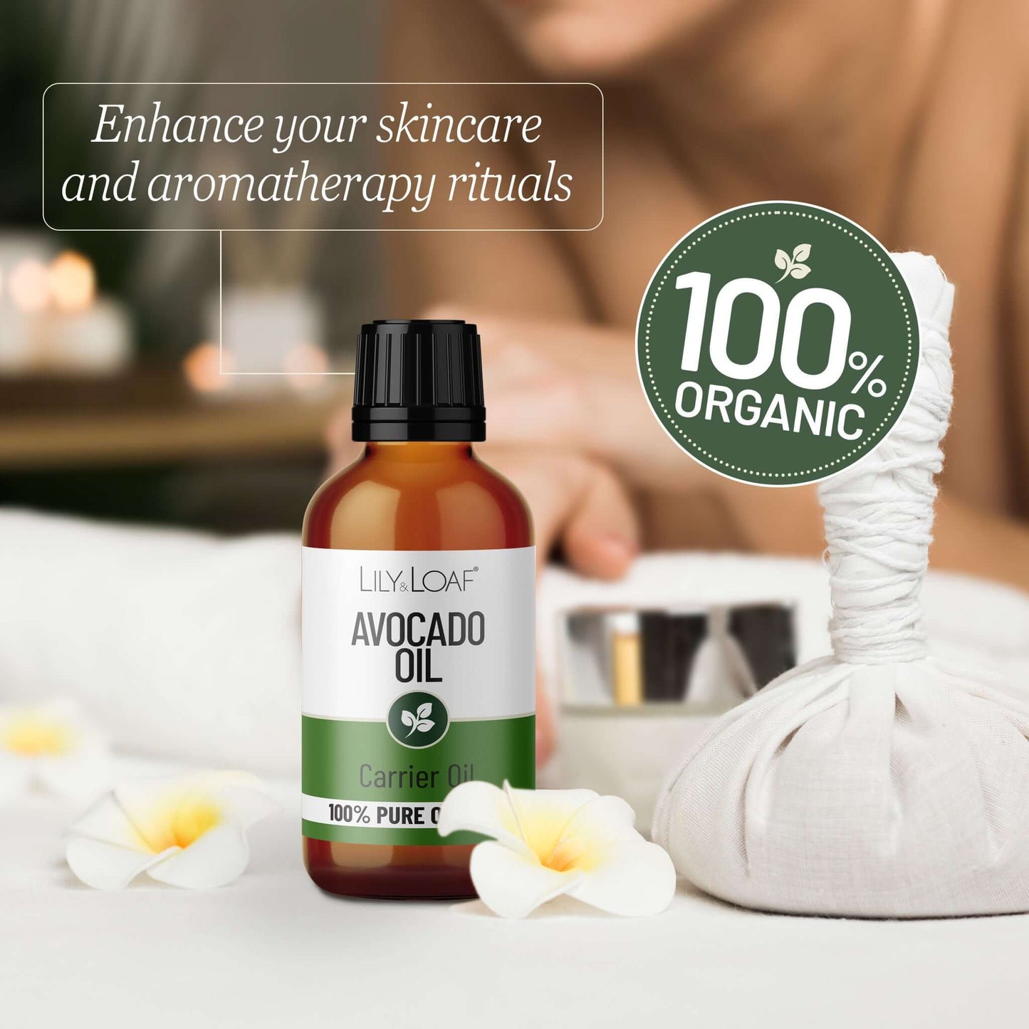 Avocado oil bottle with '100% Organic' label on a blurred background of a spa setting.
