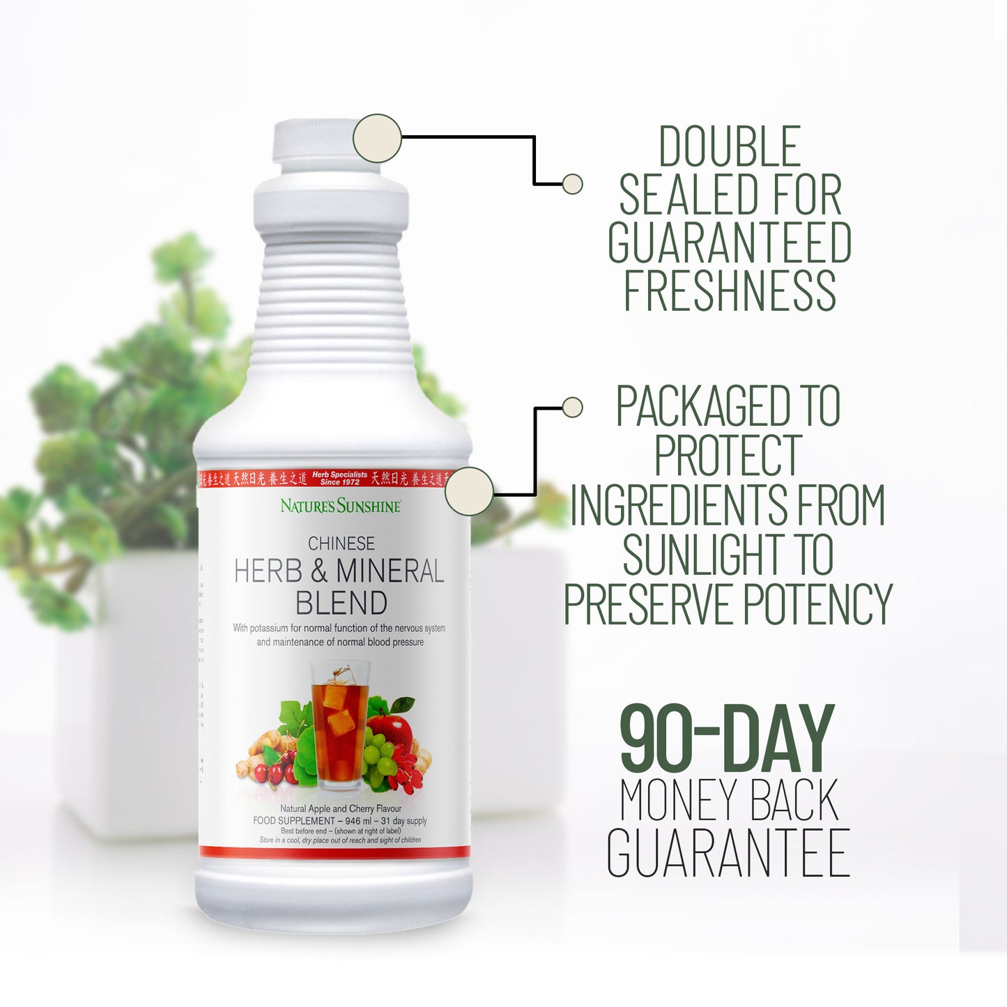 Chinese Herb & Mineral Blend packaging details and 90-day guarantee