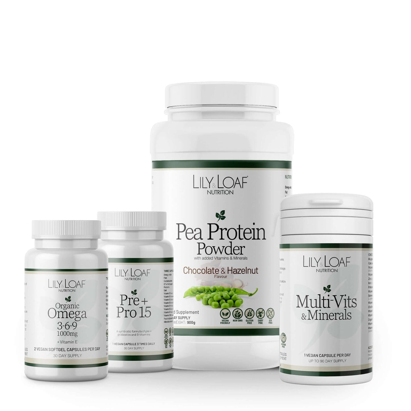 Collection of Lily Loaf nutritional products including Chocolate Pea Protein Powder, Organic Omega 3-6-9, Pre+Pro 15, and Multi Vits & Minerals on a white background.