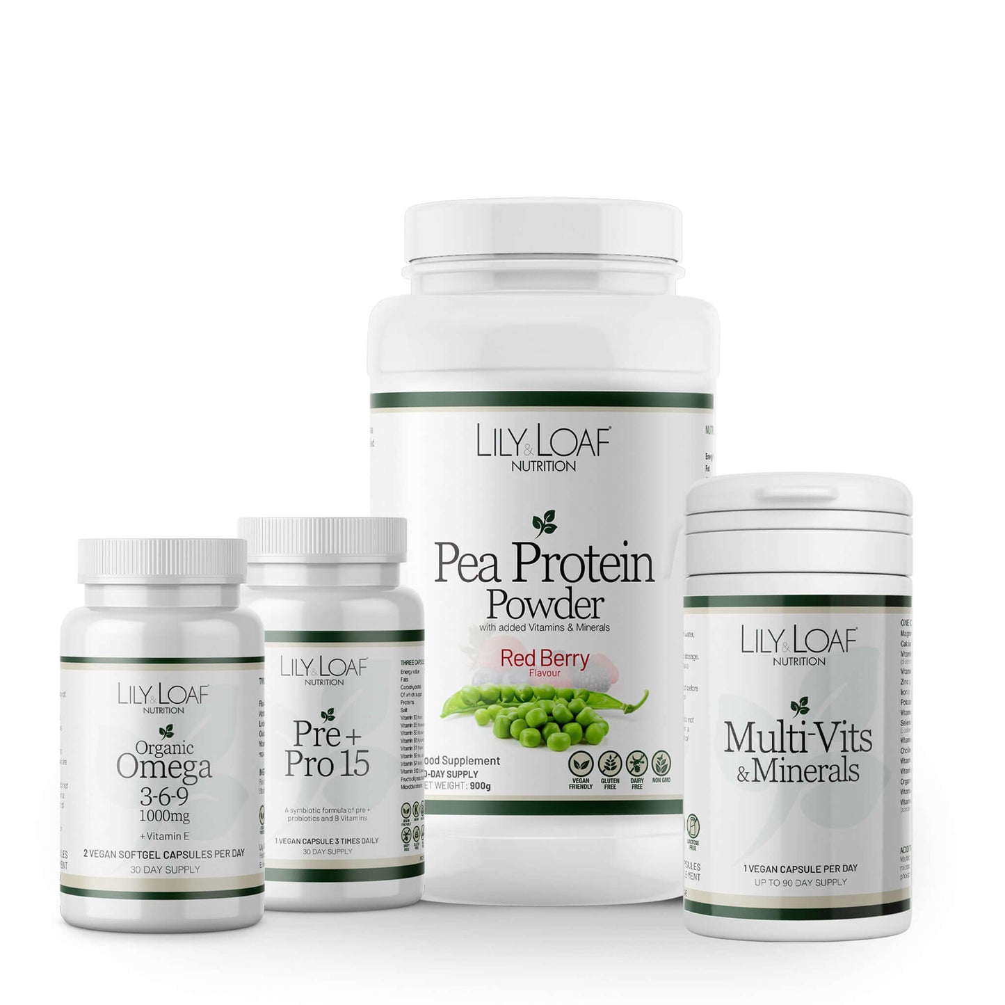 Collection of Lily Loaf Nutrition products including Pea Protein Powder, Organic Omega 3-6-9, Pre Pro 15, and MultiVits & Minerals on a white background.