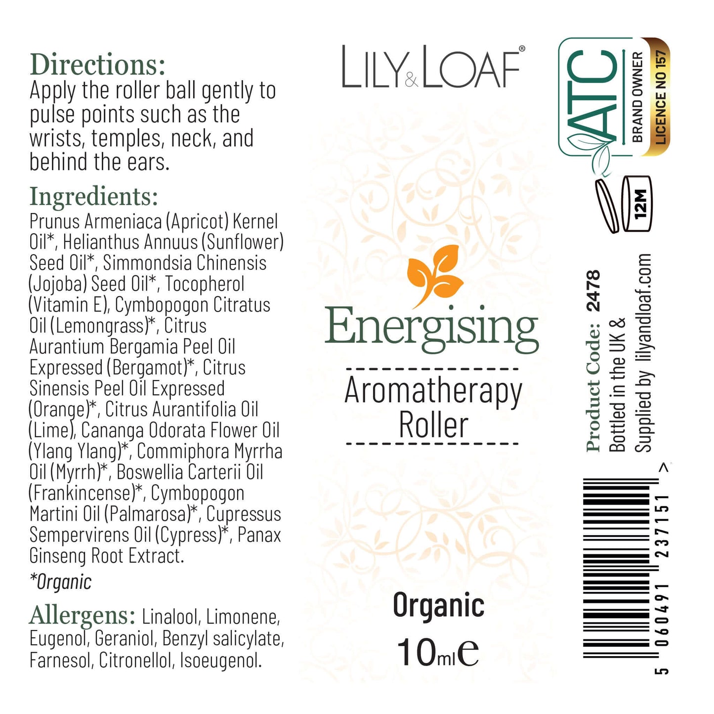 Label of Lily & Loaf Energising Aromatherapy Roller with product details and branding.