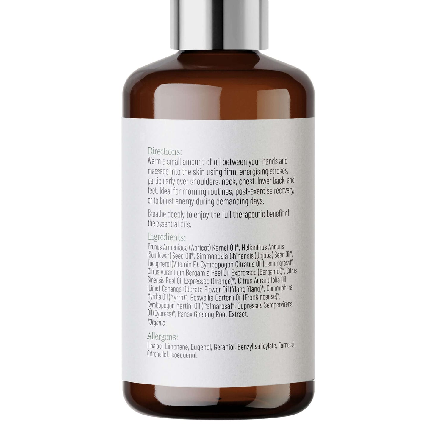 Energising Massage Oil label information on a white background