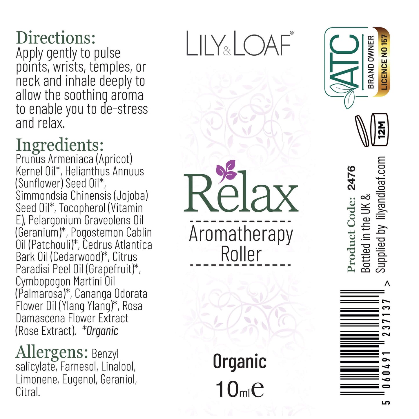 Lily & Loaf aromatherapy roller label with product details and branding.