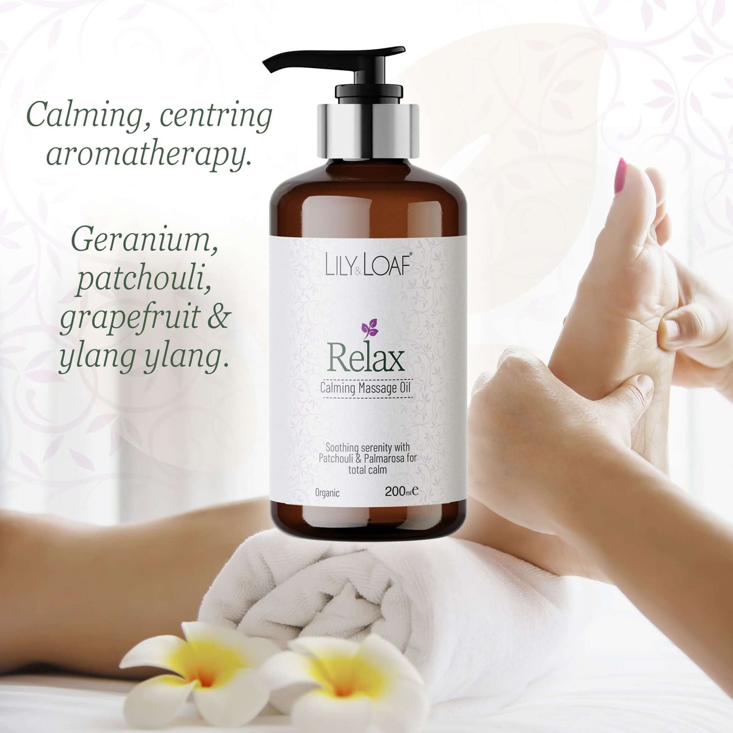 Lily & Loaf Relax massage oil bottle with a foot massage in the background