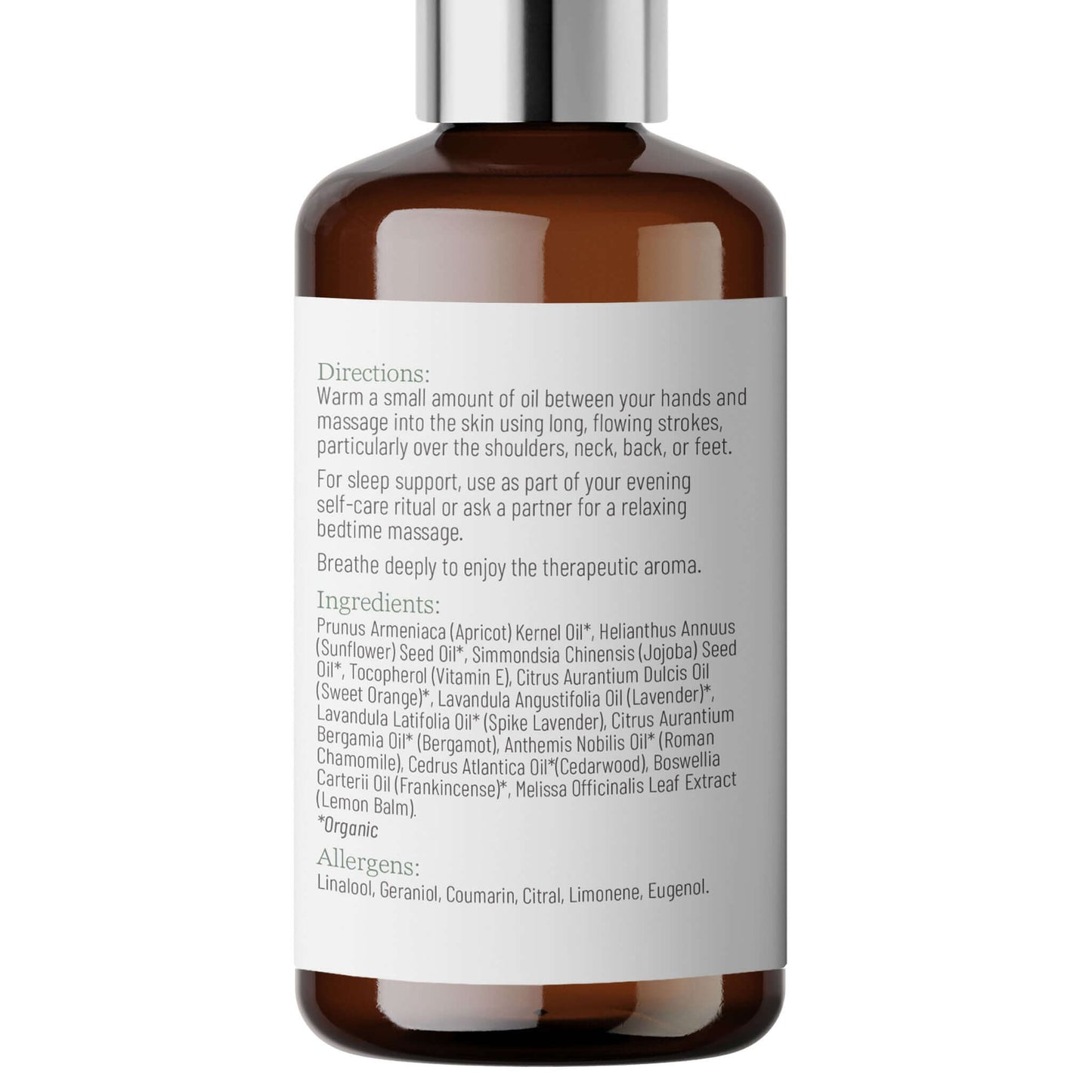 Lily & Loaf Sleep Massage Oil directions for use and ingredients label