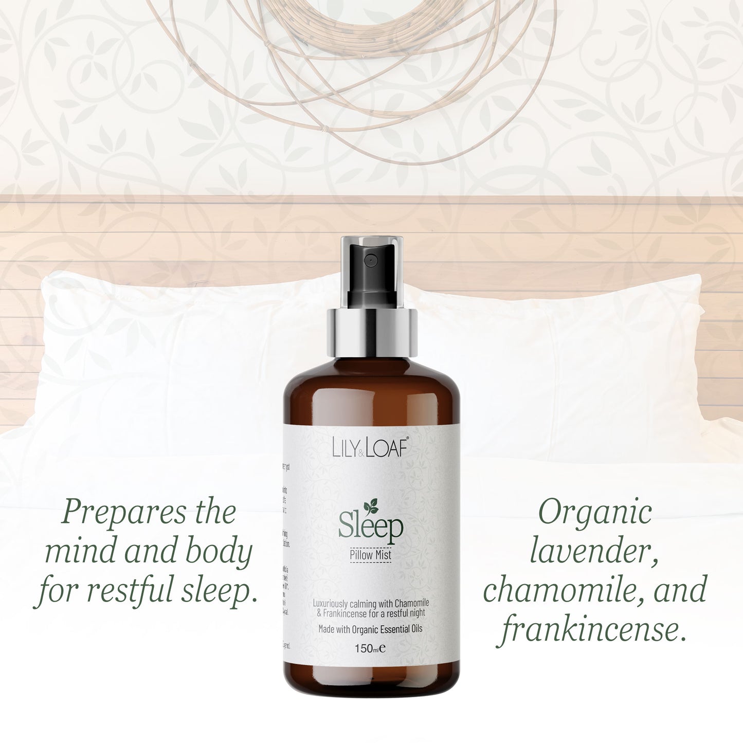LILY & LOAF Sleep pillow mist on a bed with pillows and a wooden headboard.