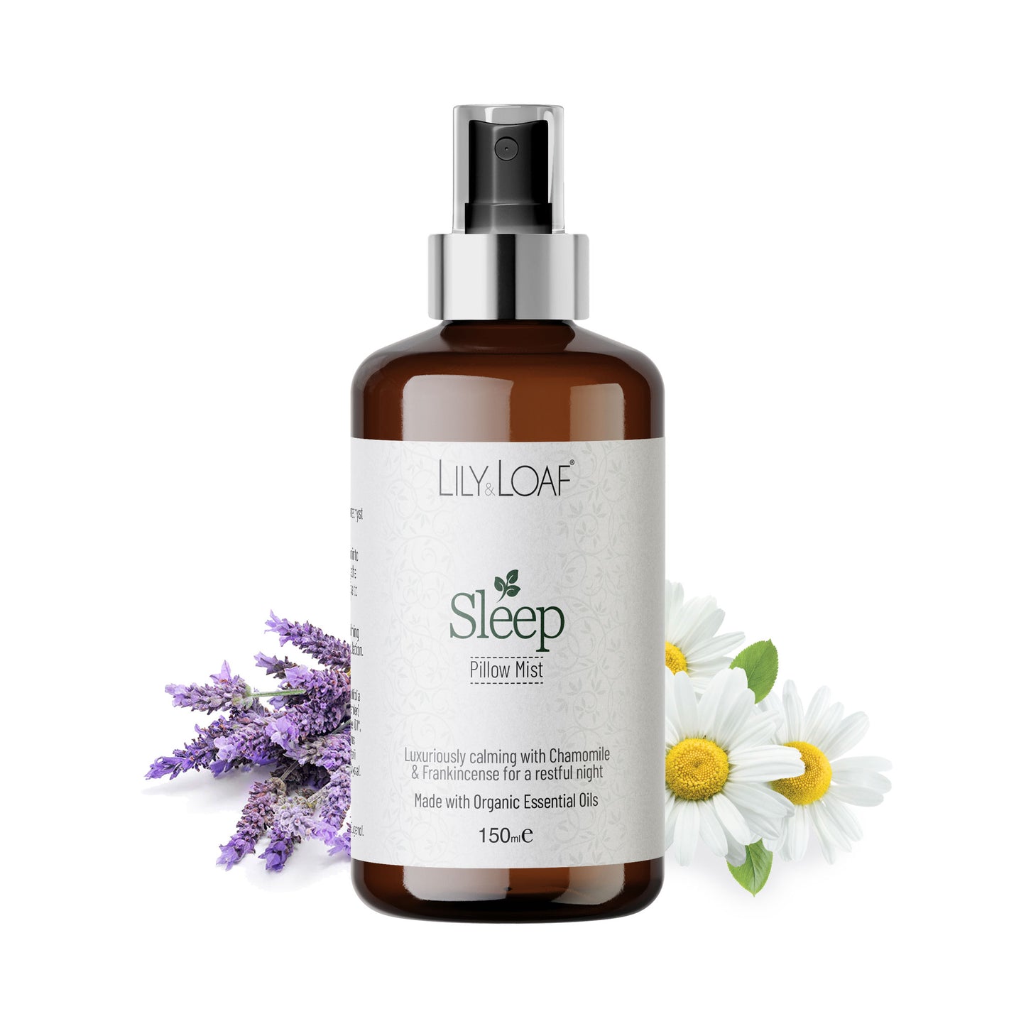 Bottle of Lily Loaf Sleep Room Mist with lavender and chamomile flowers on a white background