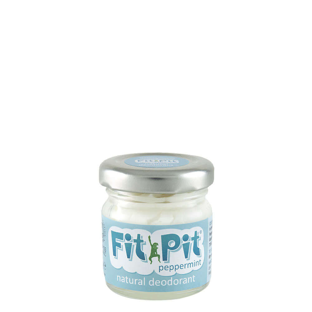 Jar of Fit Pit peppermint natural deodorant on a white background