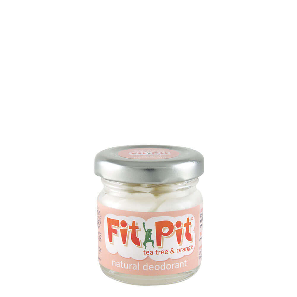 Jar of Fit Pit Tea Tree & Orange natural deodorant on a white background