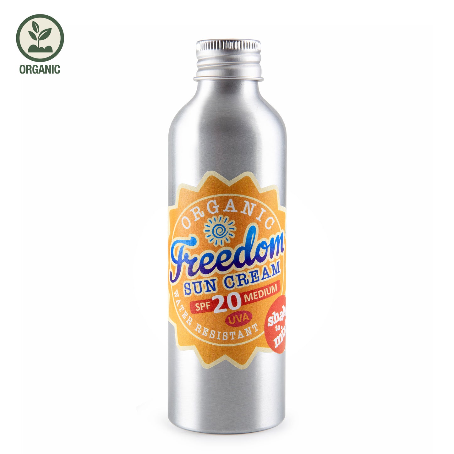 Metallic bottle of Organic Freedom Sun Cream SPF 20 on a white background