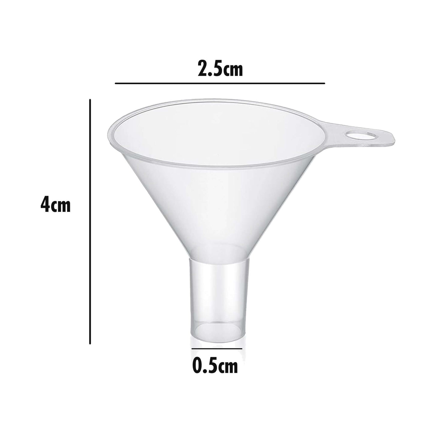 Transparent funnel with dimensions labeled on a white background