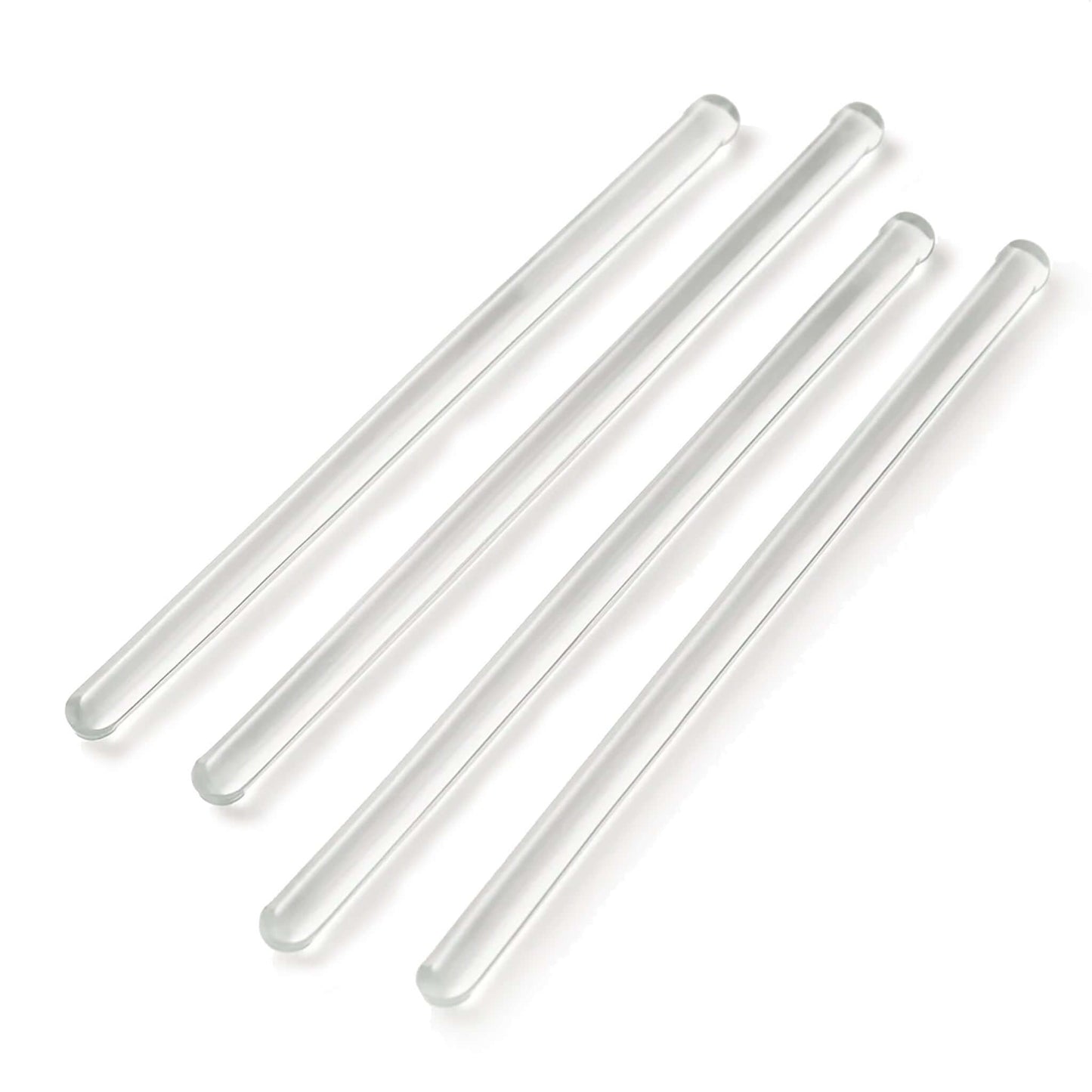 Four clear glass rods on a white background