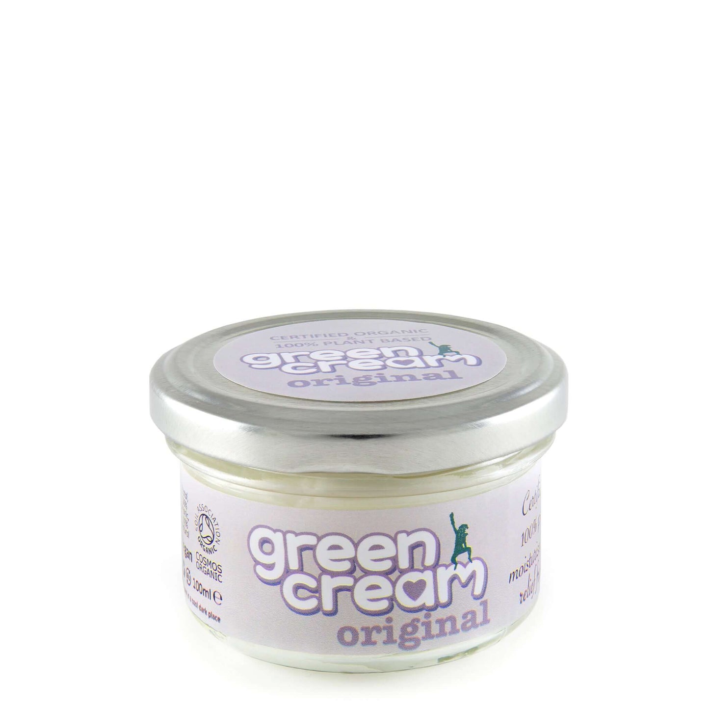 A jar of Green Cream Original day cream in a small clear glass jar with a silver lid.