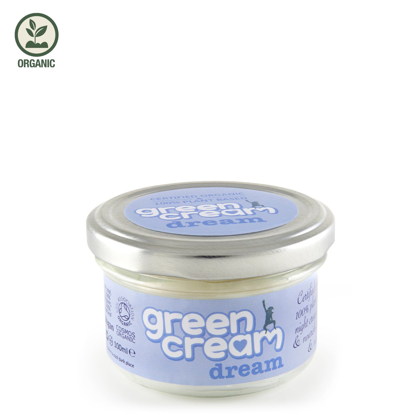 Jar of 'Green Cream Dream' on a white background with organic label.