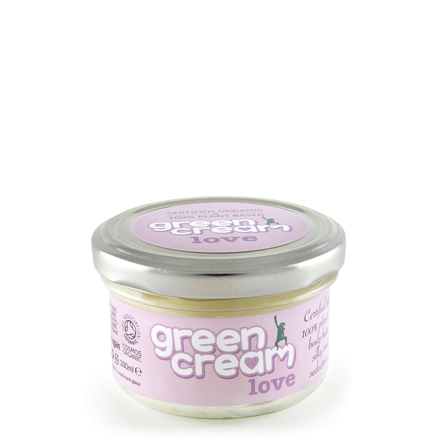 A jar of Green Cream Love body cream with a purple label on a white background.