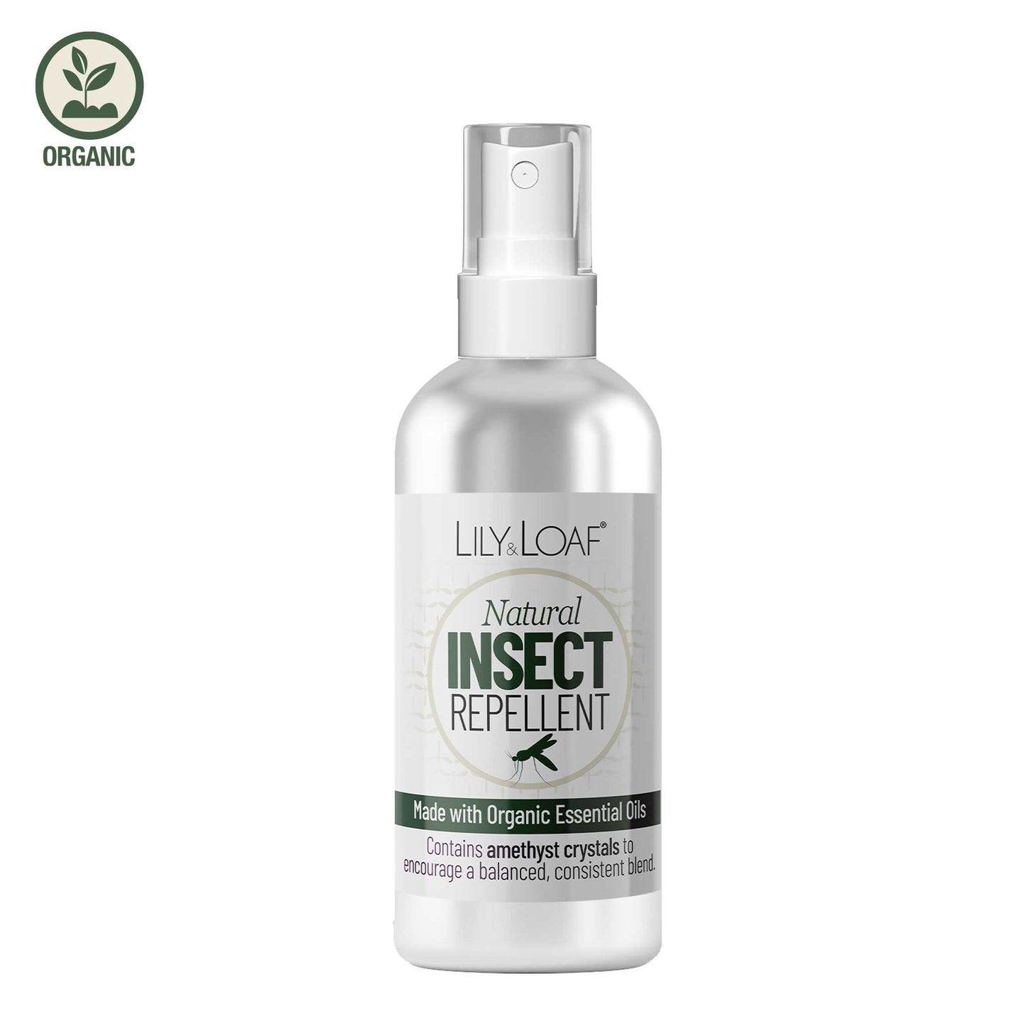 Natural Insect Repellent made with organic essential oils and contains amethyst crystals