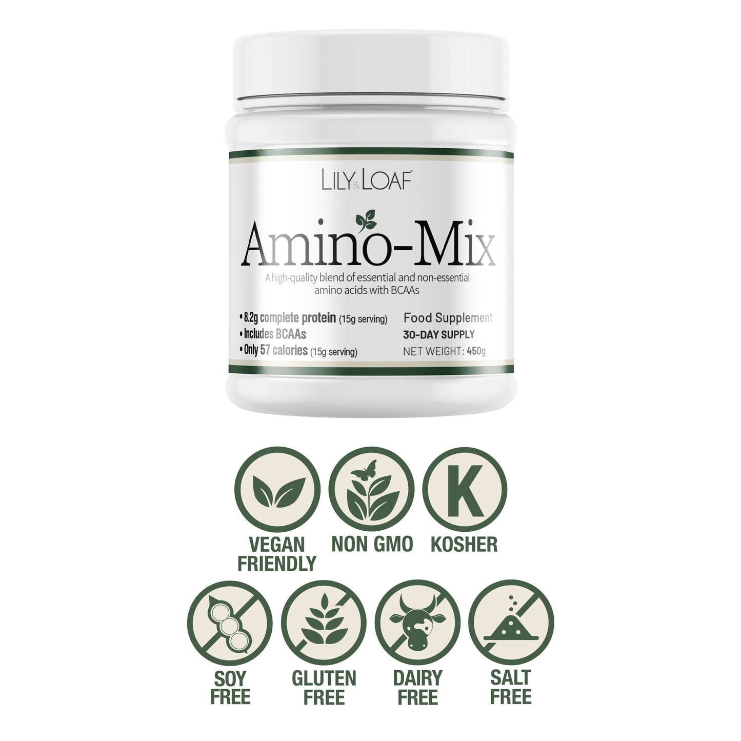 Lilly & Loaf Amino-Mix supplement container with certification icons on a white background
