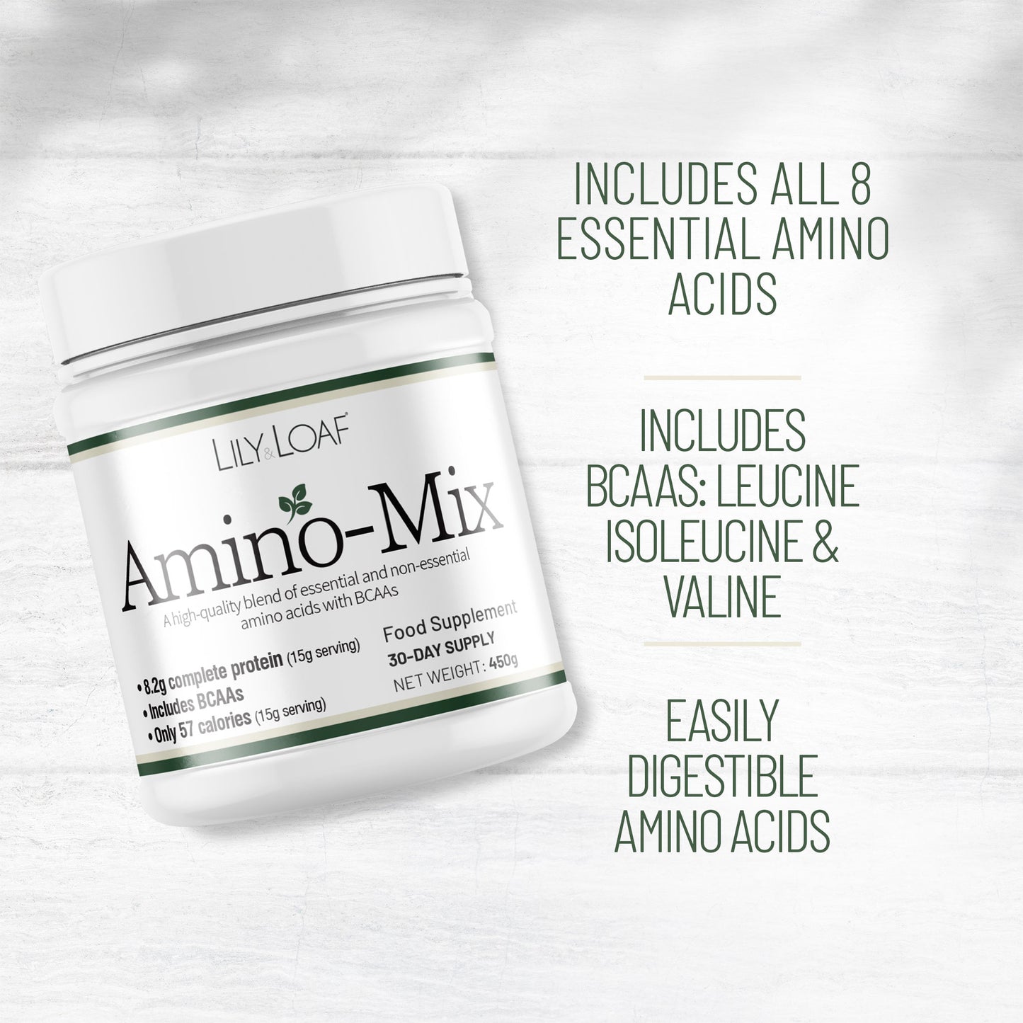 Lily & Loaf Amino-Mix supplement container with text on a light grey background