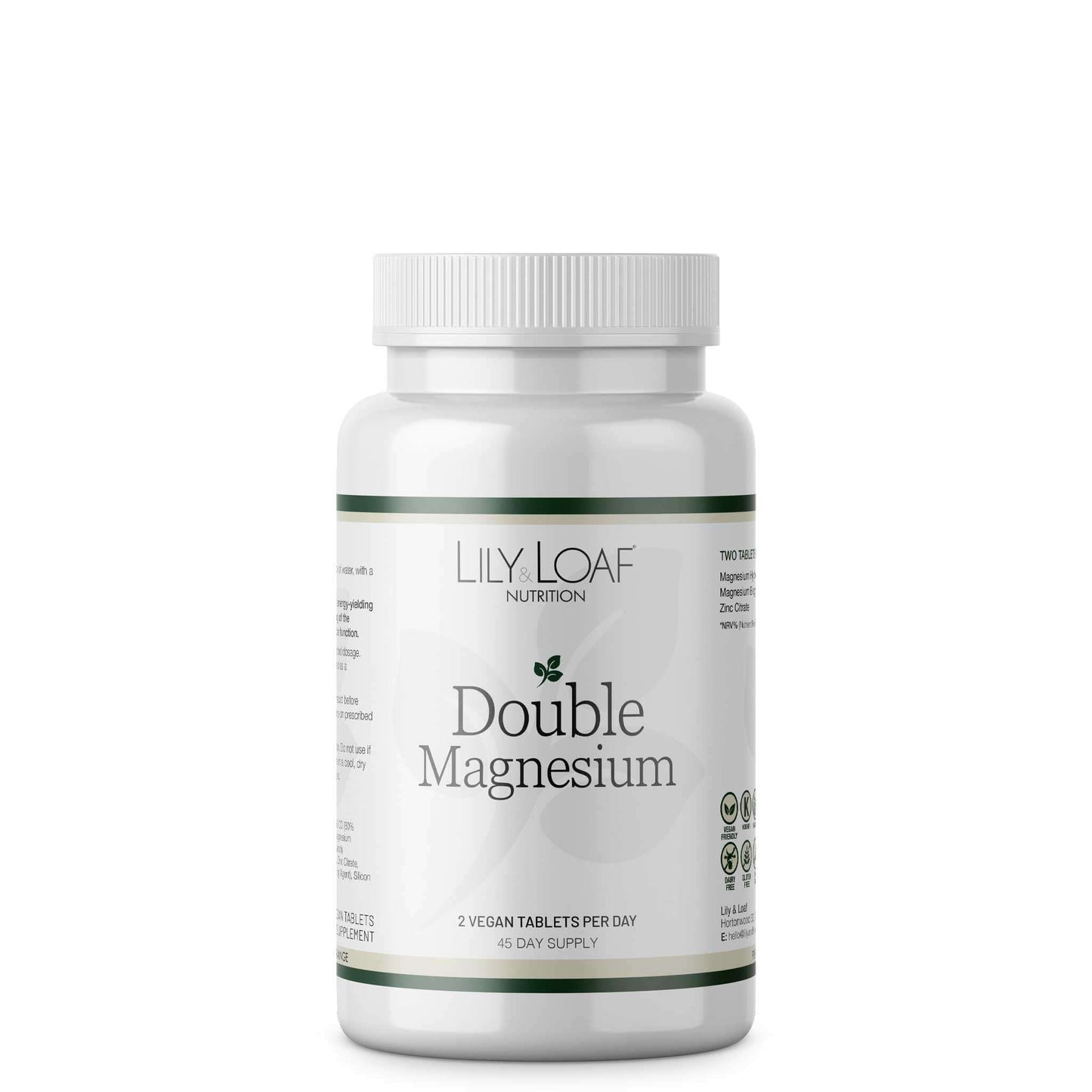 A bottle of Lily & Loaf Double Magnesium supplements with white and green labelling.