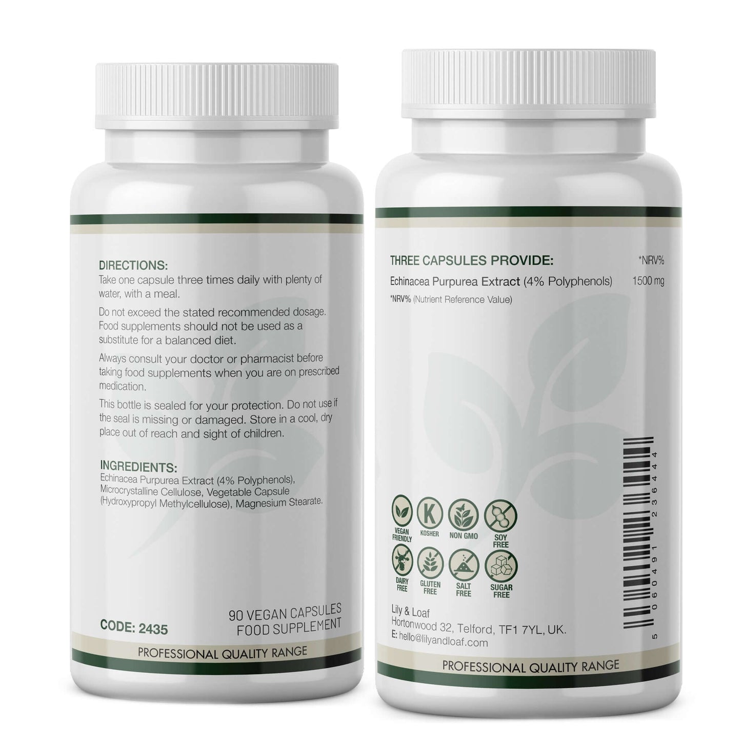 Back view of Lily & Loaf Echinacea 1500mg bottle showing directions, ingredients, and nutrition information for 3 vegan capsules