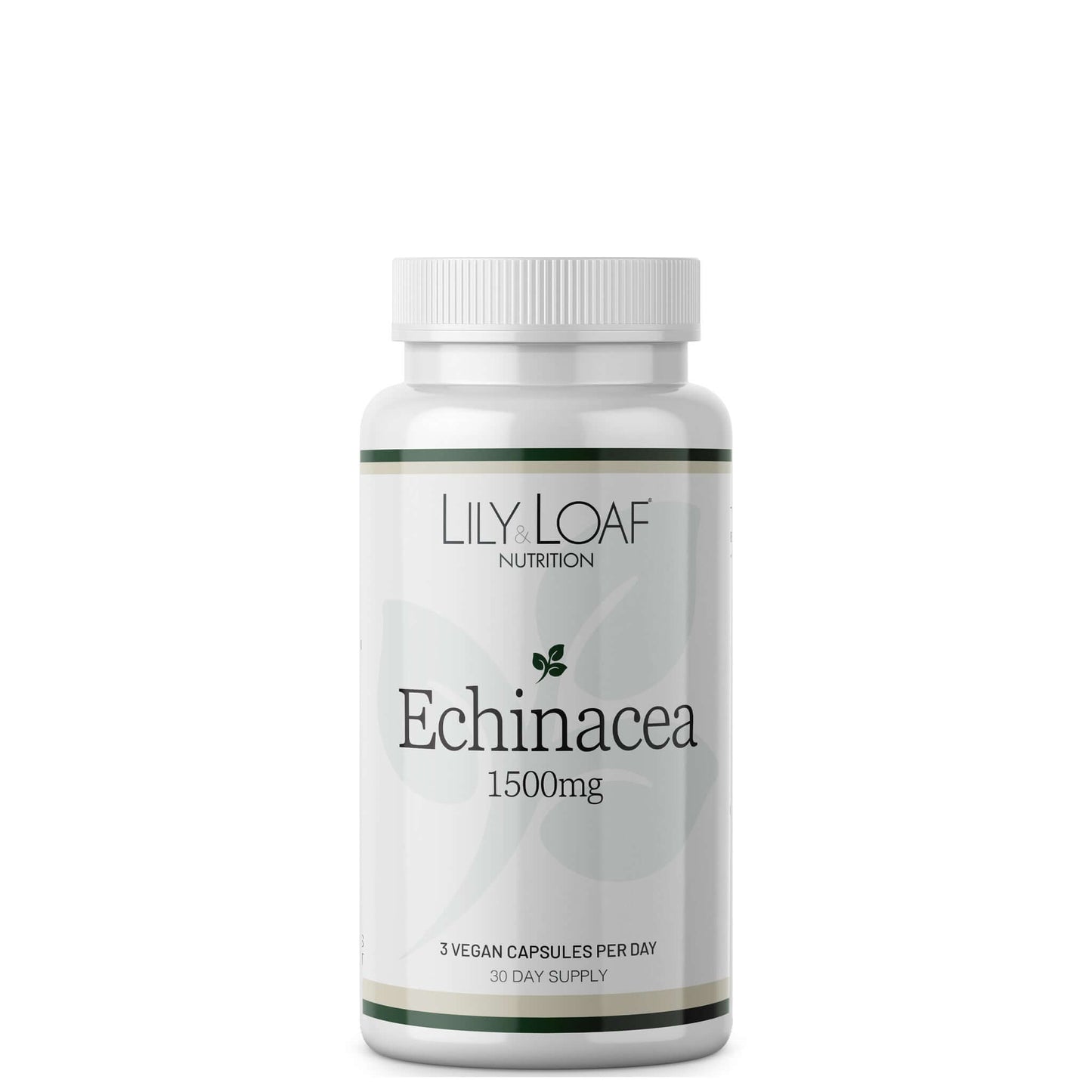 A bottle of Lily Loaf Echinacea supplement with 1500mg dosage, indicating 30 day supply.