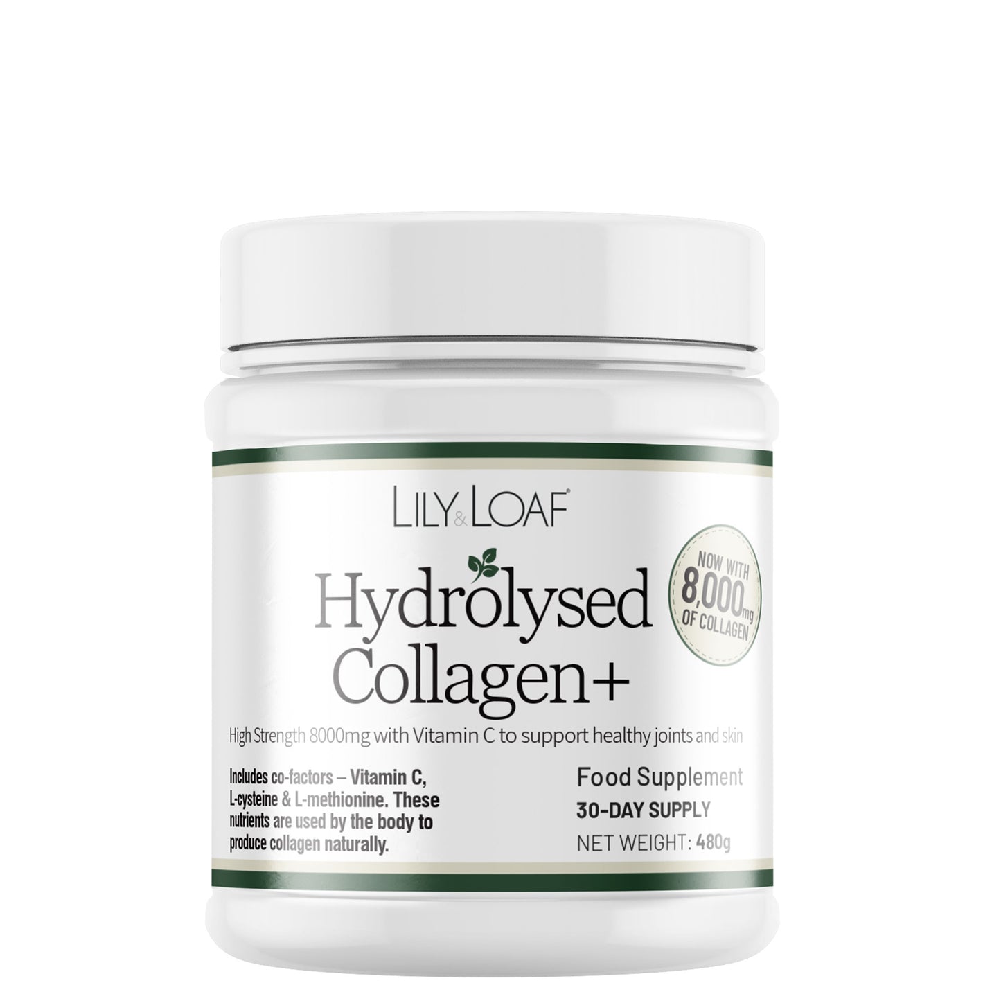 Lily & Loaf Hydrolysed Collagen+ supplement container on a white background