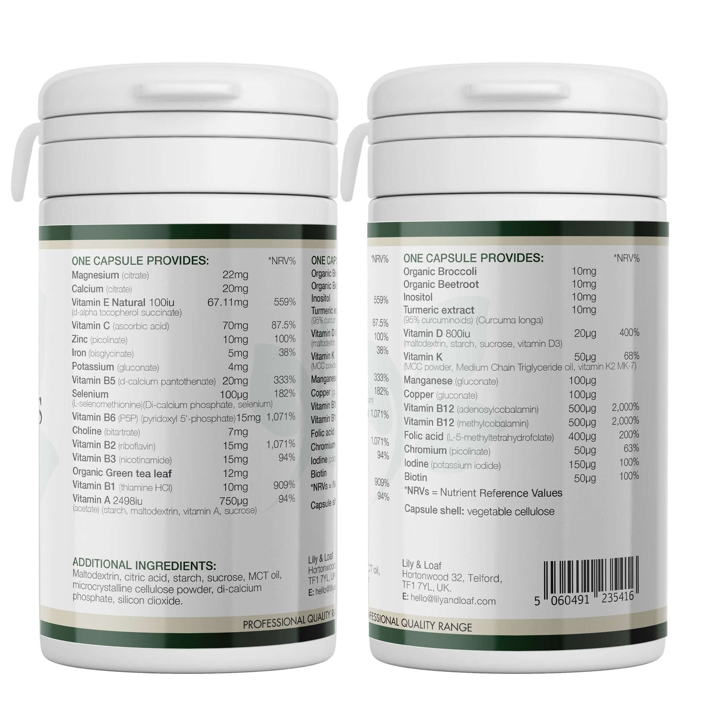 Back view of Lily & Loaf Multi-Vits & Minerals bottle showing full nutritional information and ingredient list for one vegan capsule.