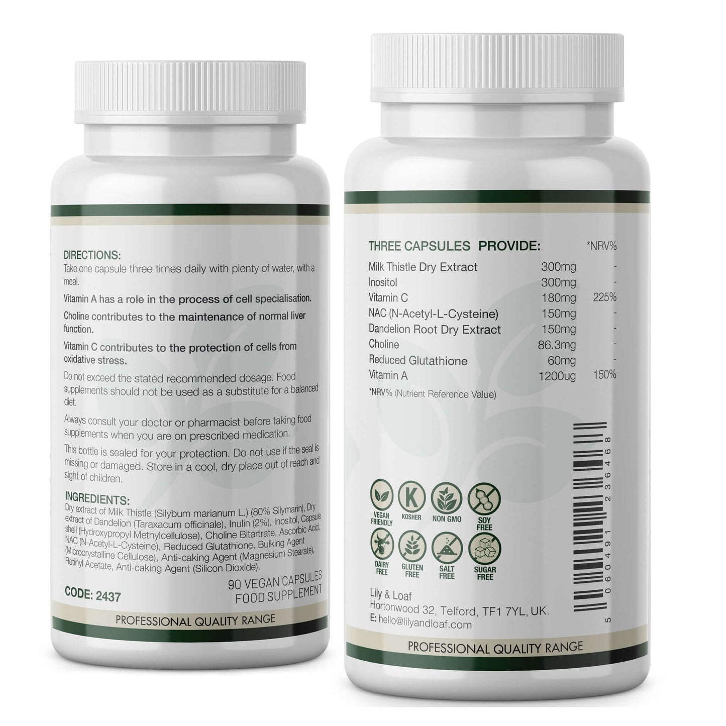 Lily & Loaf Milk Thistle & N-Acetyl Cysteine bottle showing directions, ingredients, and nutrition information.
