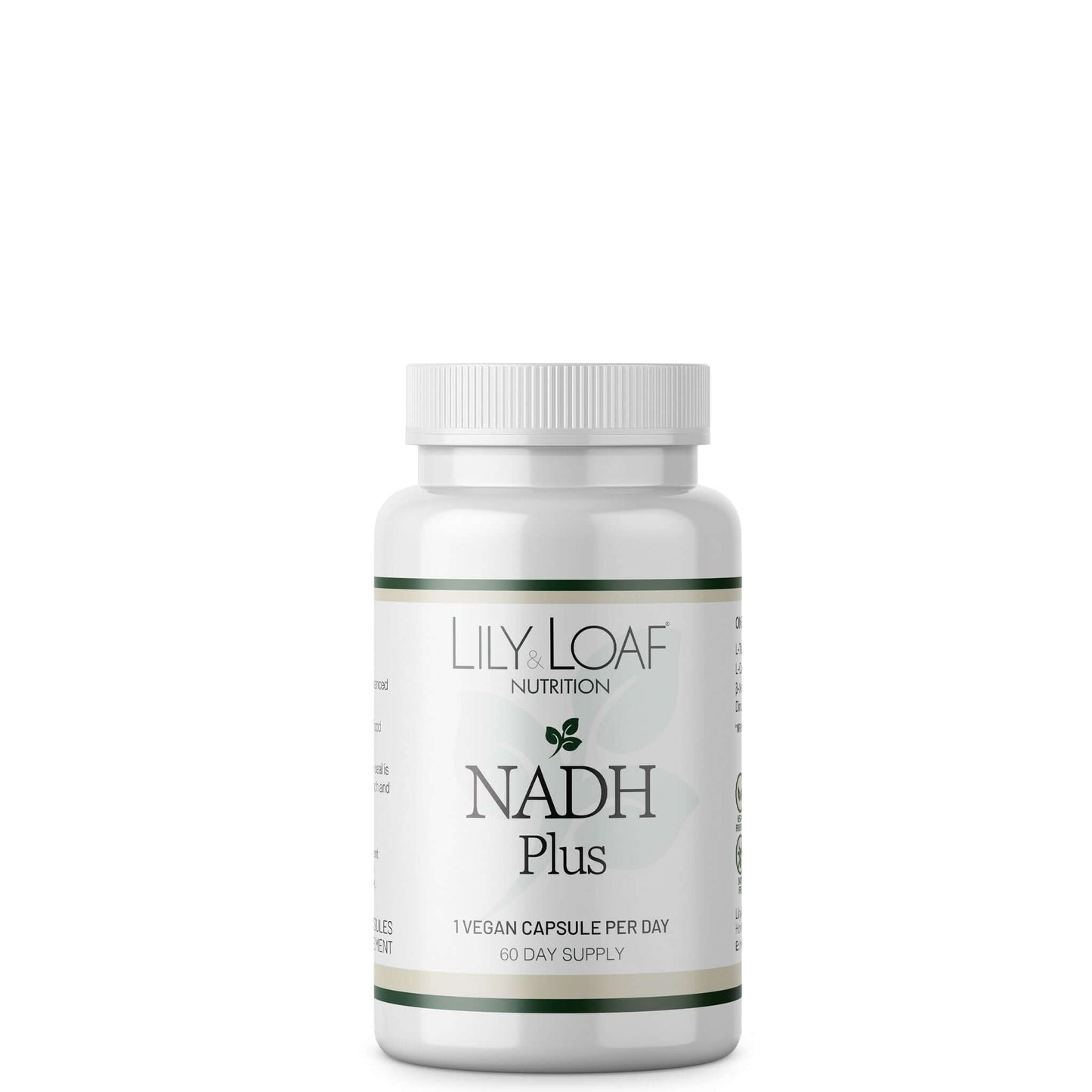 A bottle of Lily & Loaf NADH Plus supplement against a white background
