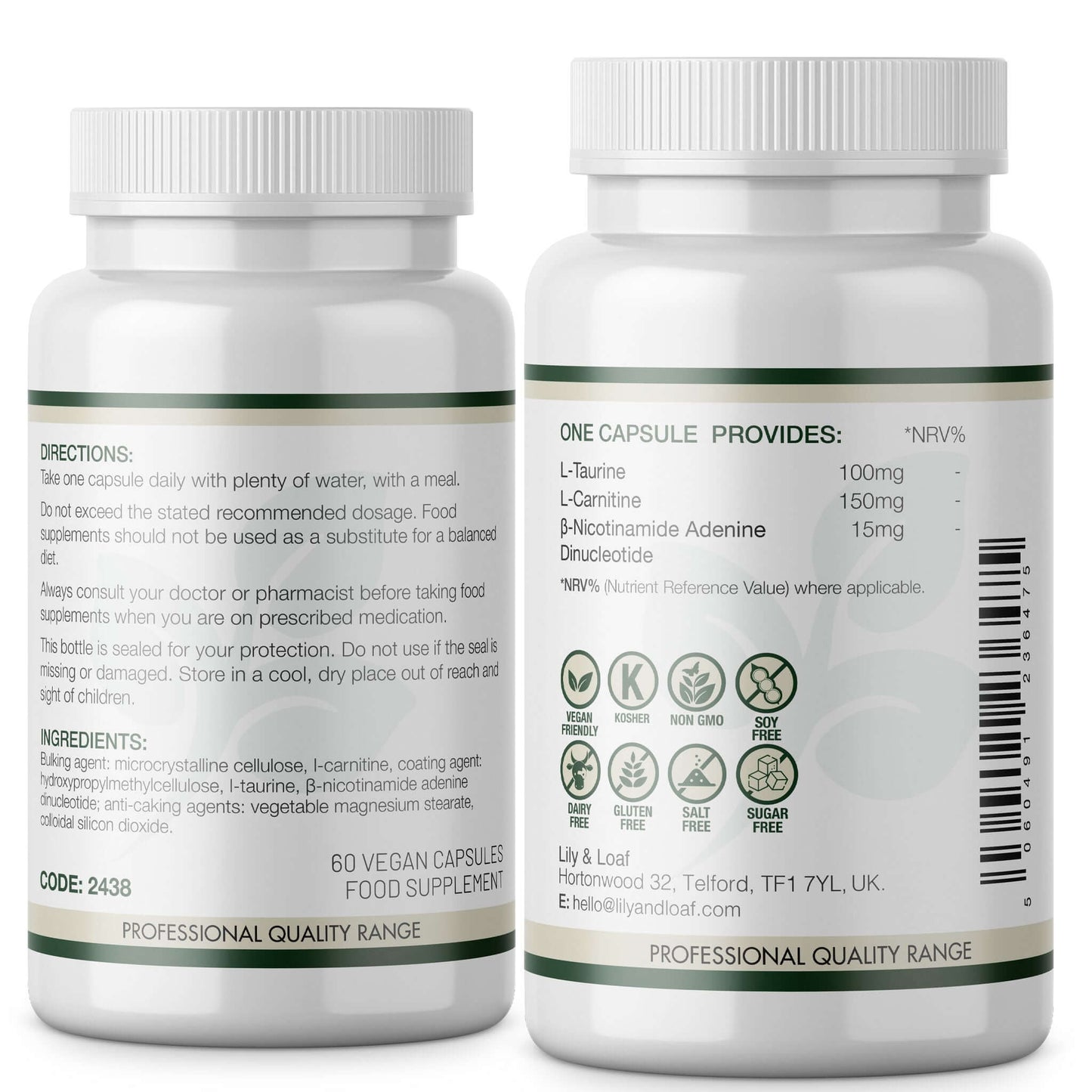 Back view of Lily & Loaf NADH Plus bottle showing directions, ingredients, nutritional information, and dietary icons including vegan and non-GMO.