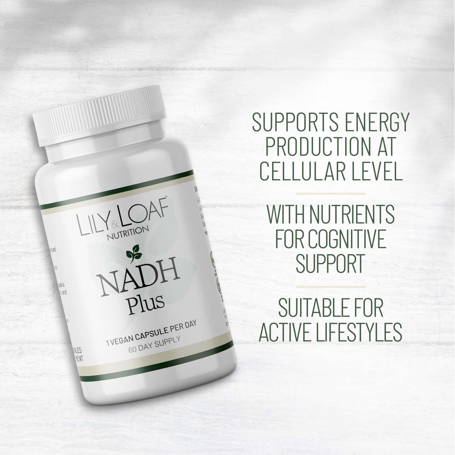 Lily & Loaf NADH Plus bottle with benefits text stating support for energy production, cognitive function, and active lifestyles.