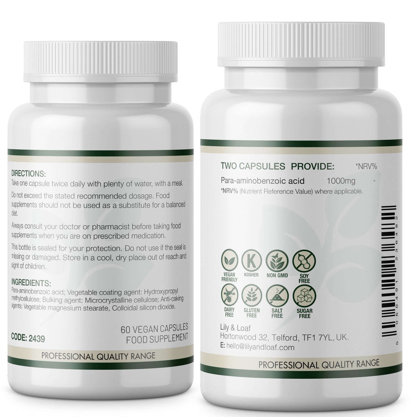 Back label of Lily & Loaf PABA 1000mg supplement showing directions, ingredients, nutritional info, and dietary icons including vegan, kosher, non-GMO, and allergen-free.