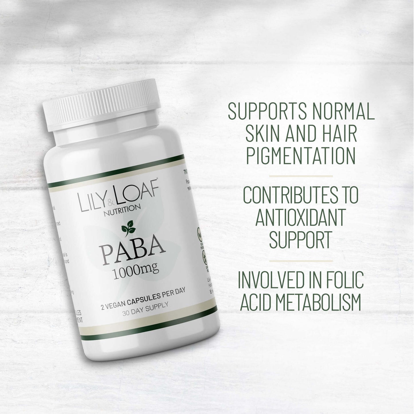 Lily & Loaf PABA 1000mg supplement bottle with benefits listed: supports normal skin and hair pigmentation, antioxidant support, and folic acid metabolism.