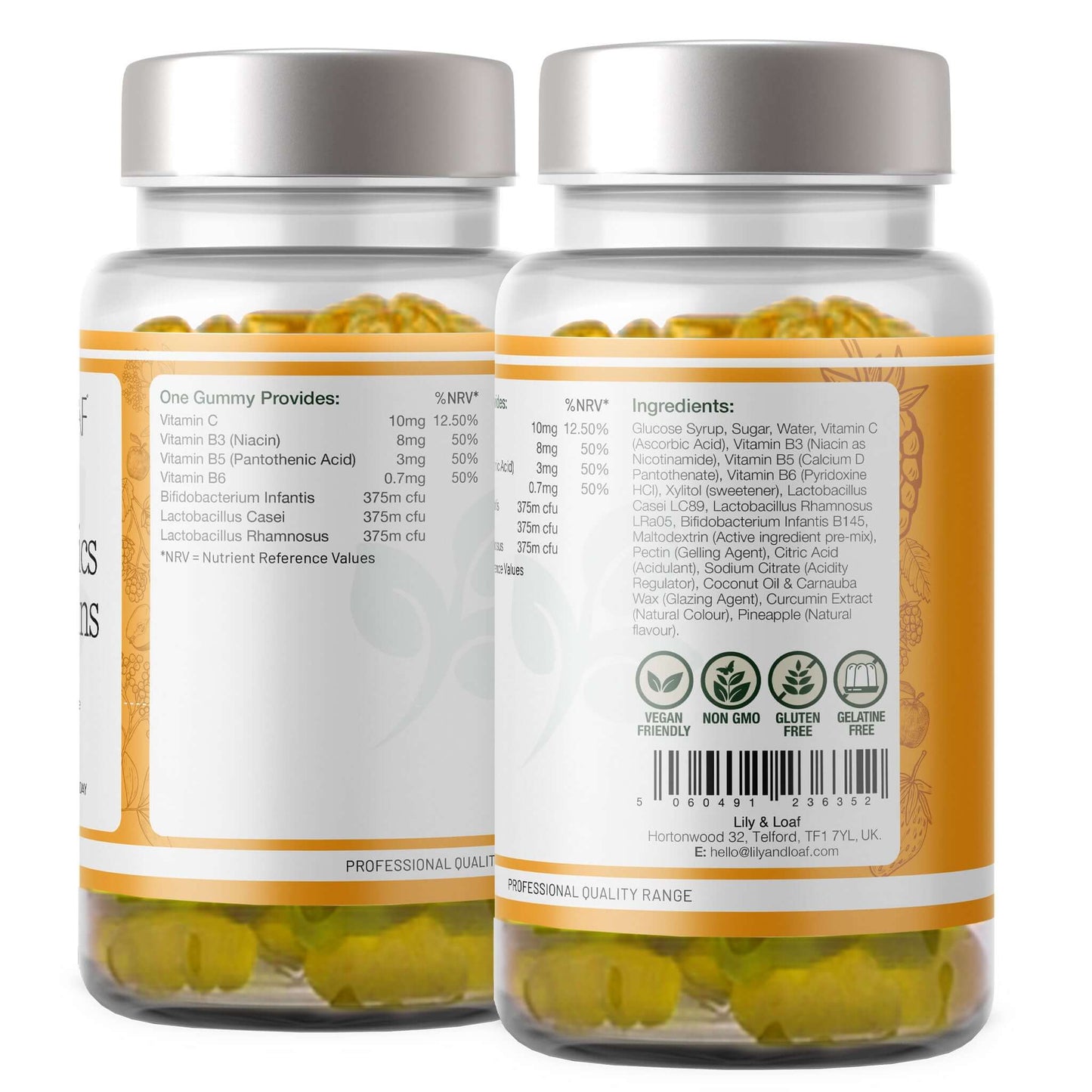Back label of Lily & Loaf Probiotics + Vitamins Gummies showing ingredients and nutrition info