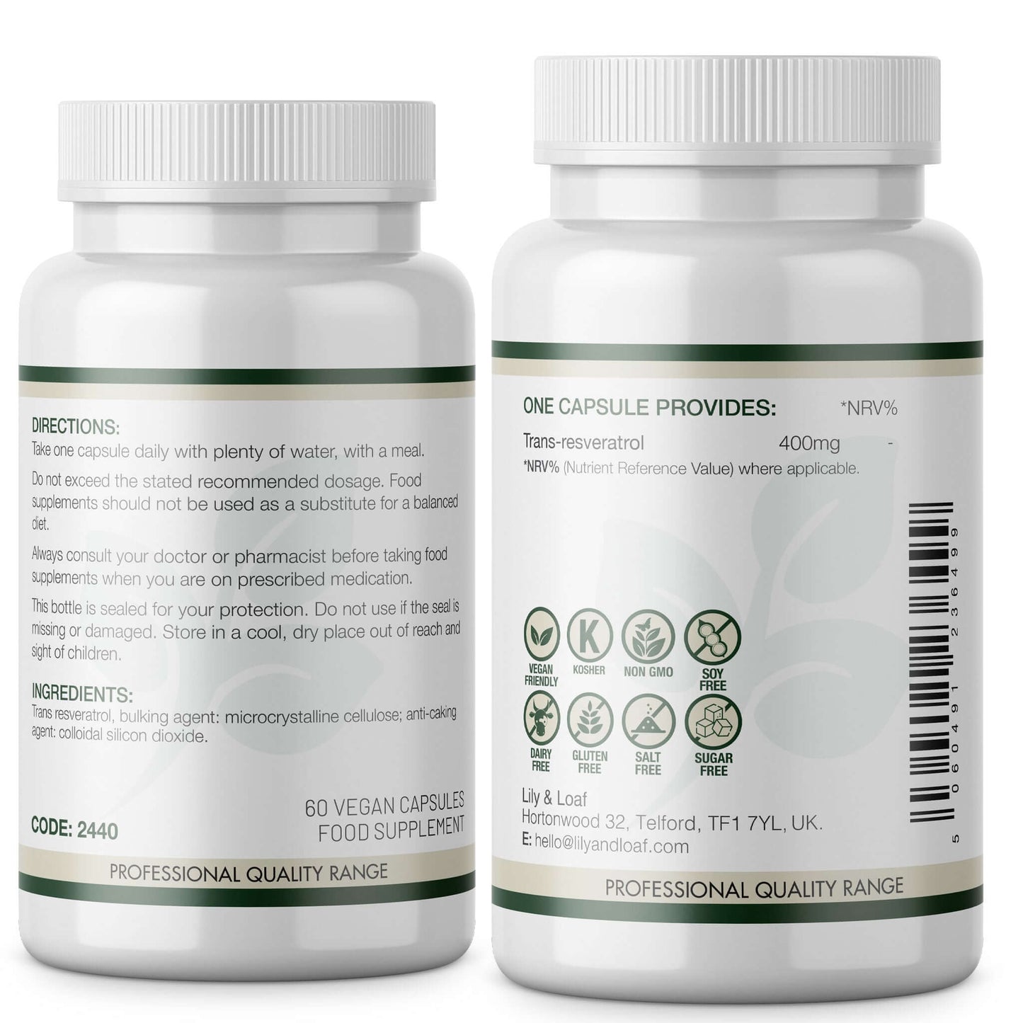 Back view of Lily & Loaf Trans Resveratrol 400mg bottle showing directions, ingredients, and nutrition information for 1 vegan capsule