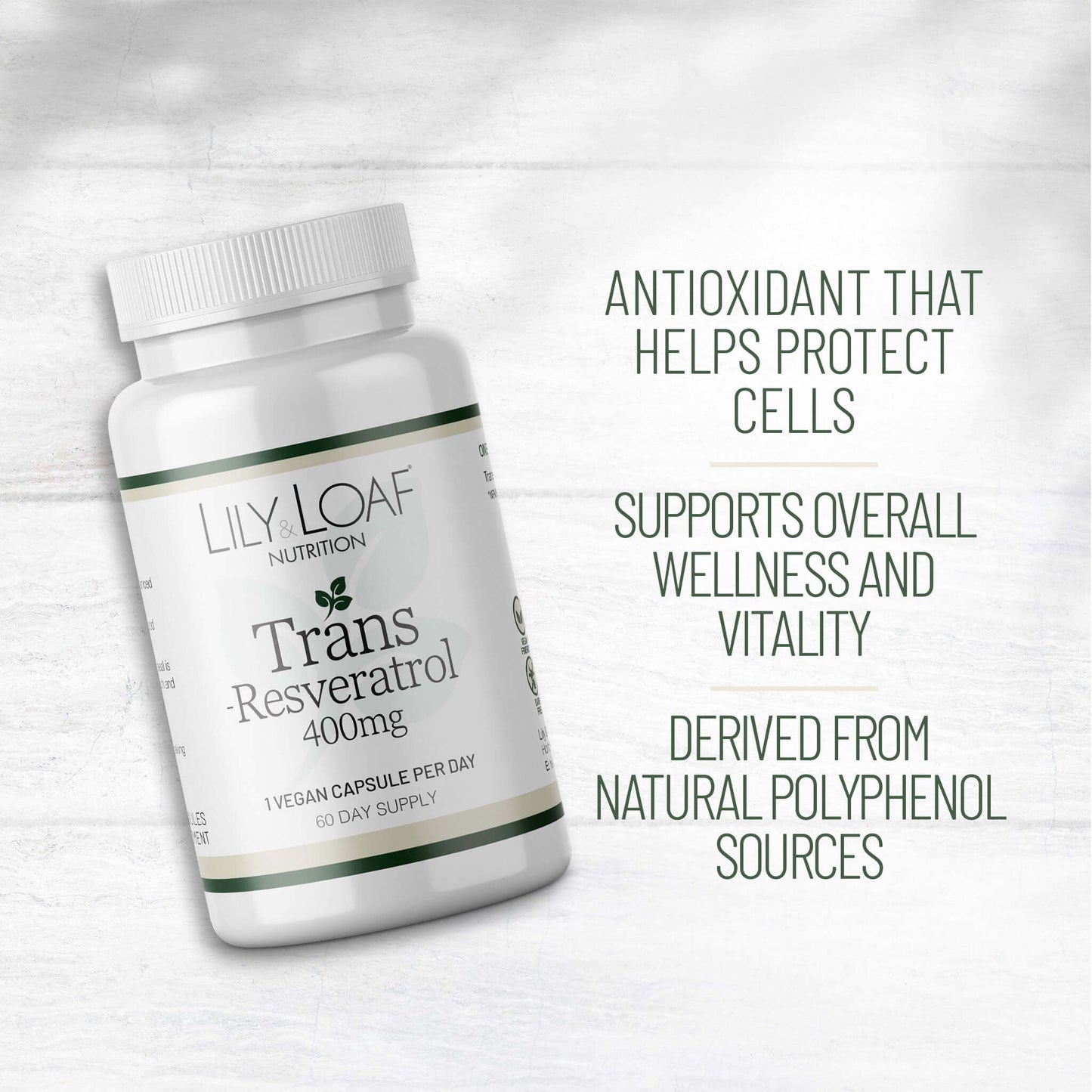 Lily & Loaf Trans Resveratrol 400mg bottle with text: antioxidant for cell protection, supports wellness, from natural polyphenol sources.