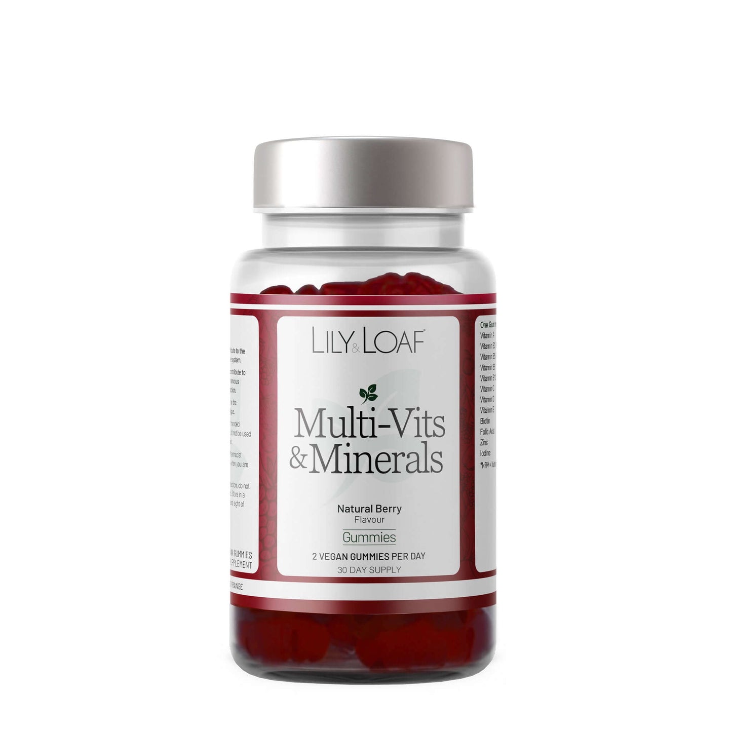 A bottle of Lily & Loaf Multi-Vits & Minerals gummies with natural berry flavor.