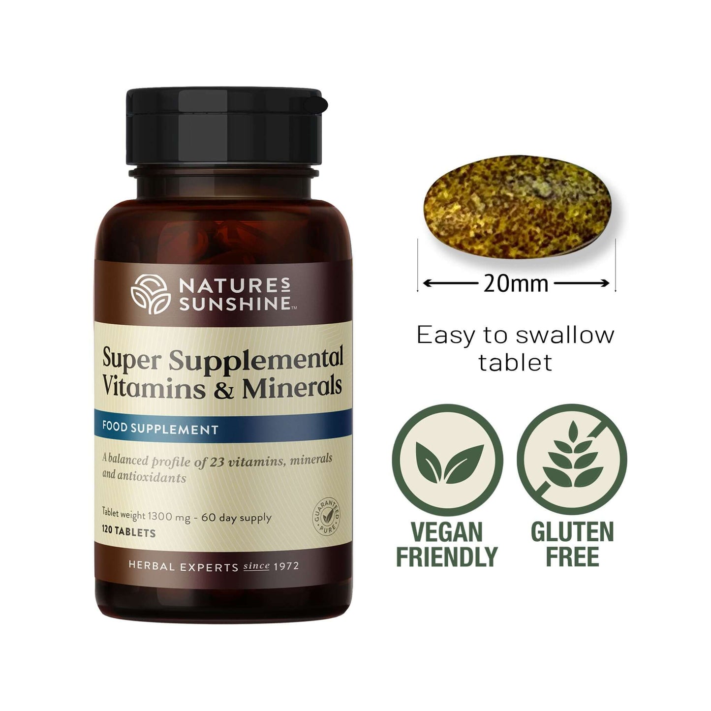 Nature’s Sunshine Super Supplemental Vitamins & Minerals with 120 vegan-friendly, gluten-free tablets and a 20mm easy-to-swallow size shown.