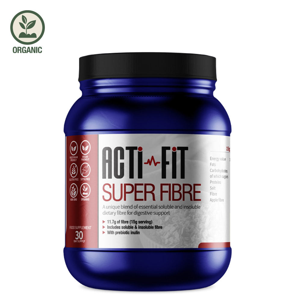 Blue container of Acti-Fit Super Fibre supplement, providing 11.7g of fiber per serving, 30-day supply, vegan and gluten-free, with prebiotic inulin.
