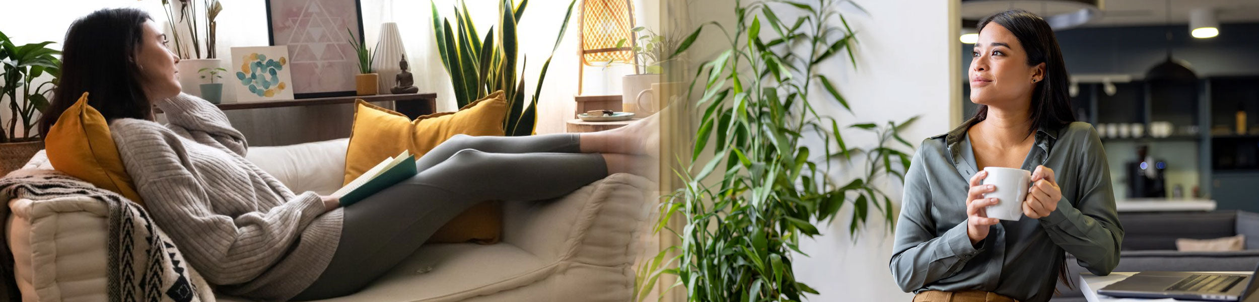 Woman reading a book on a couch in a cozy living room, followed by a woman holding a mug in a kitchen.