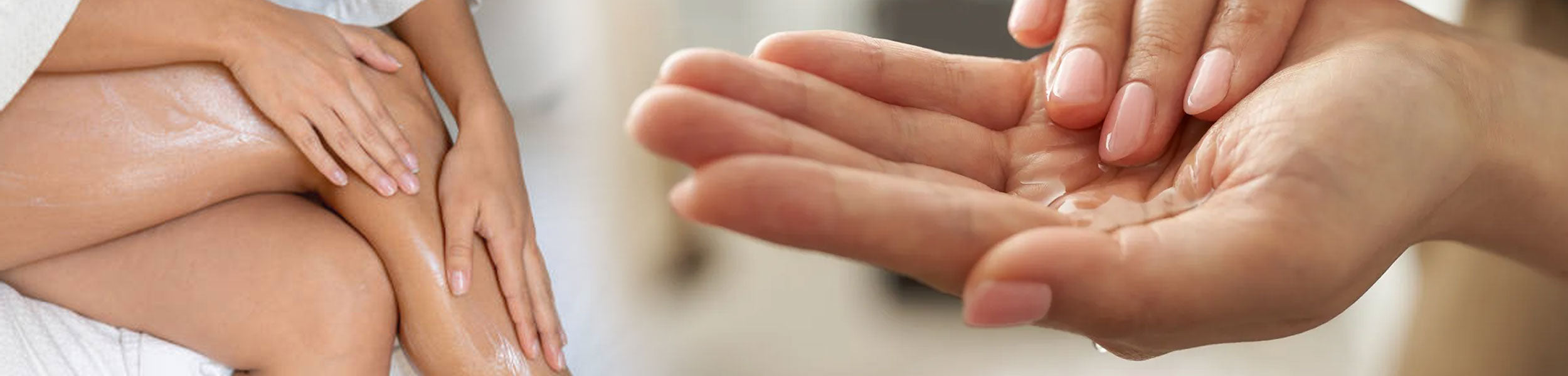 Close-up of hands applying massage oil to a leg with a blurred background