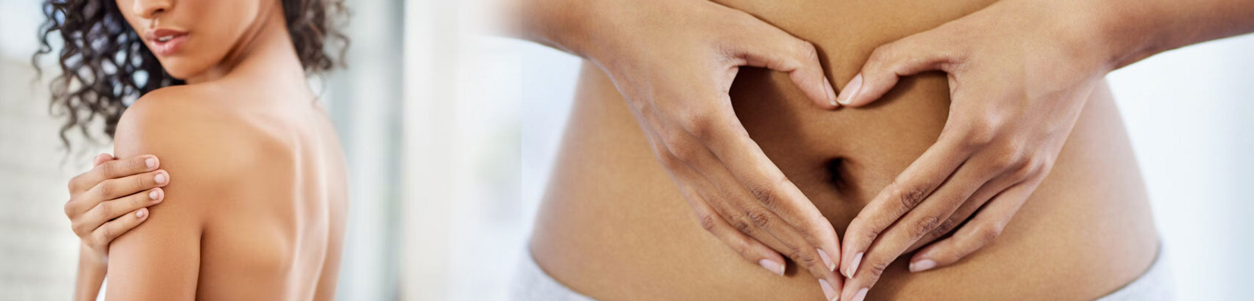 Two images: one of a woman massaging oil into her shoulder and another of hands making a heart shape over a belly.