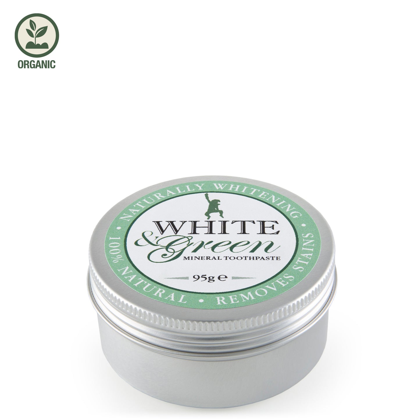 White & Green mineral toothpaste jar on a white background