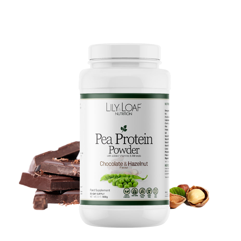 Chocolate & Hazelnut Pea Protein Powder front with ingredients