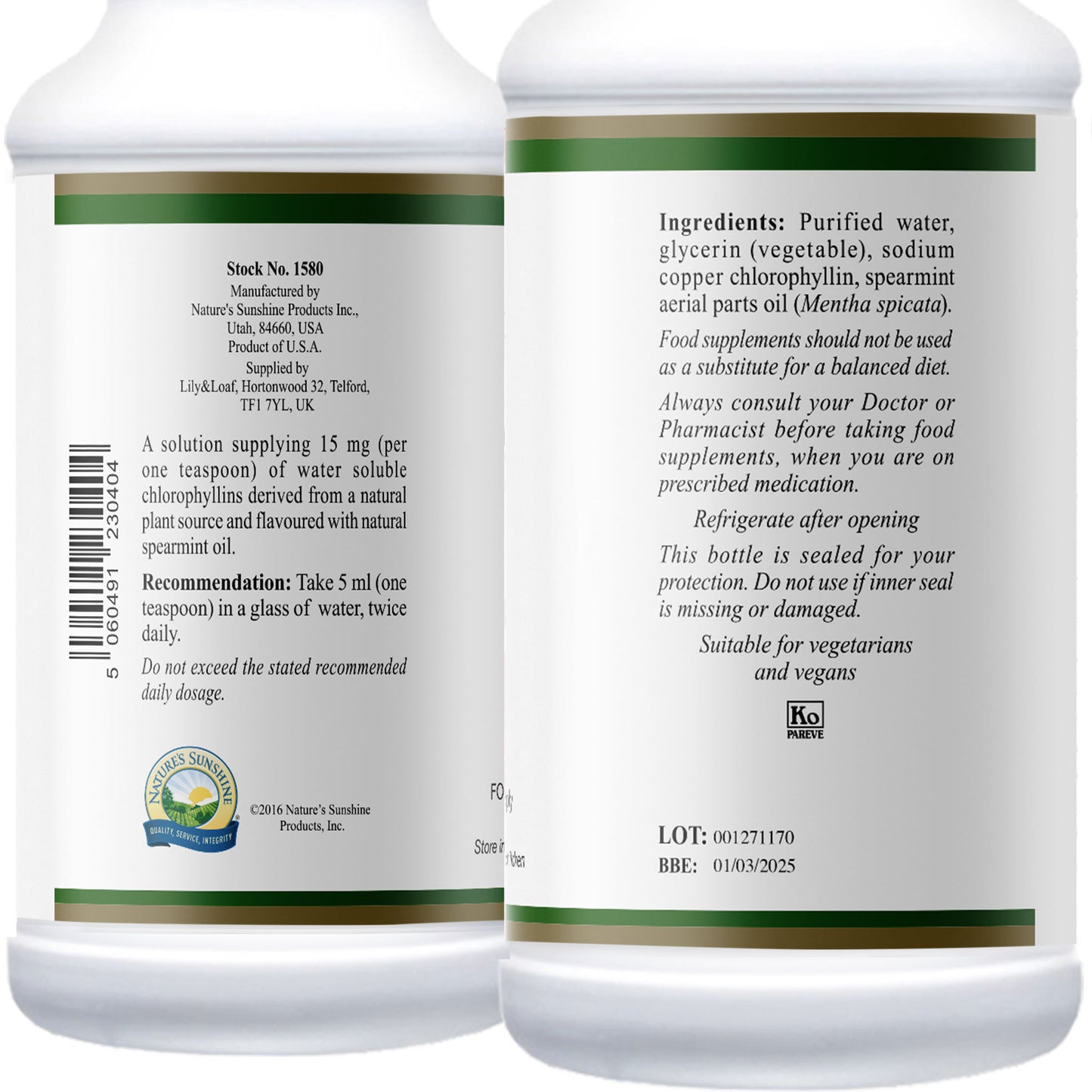Liquid Chlorophyll bottles label information