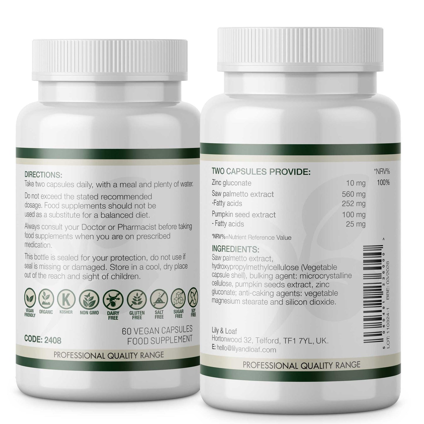 The image is of two bottles of Lily & Loaf's Organic Prostate Support dietary supplement showing the front and back labels. The back label provides detailed product information.